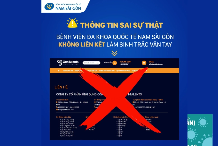 BỆNH VIỆN ĐA KHOA QUỐC TẾ NAM SÀI GÒN KHÔNG LIÊN KẾT LÀM SINH TRẮC HỌC DẤU VÂN TAY.